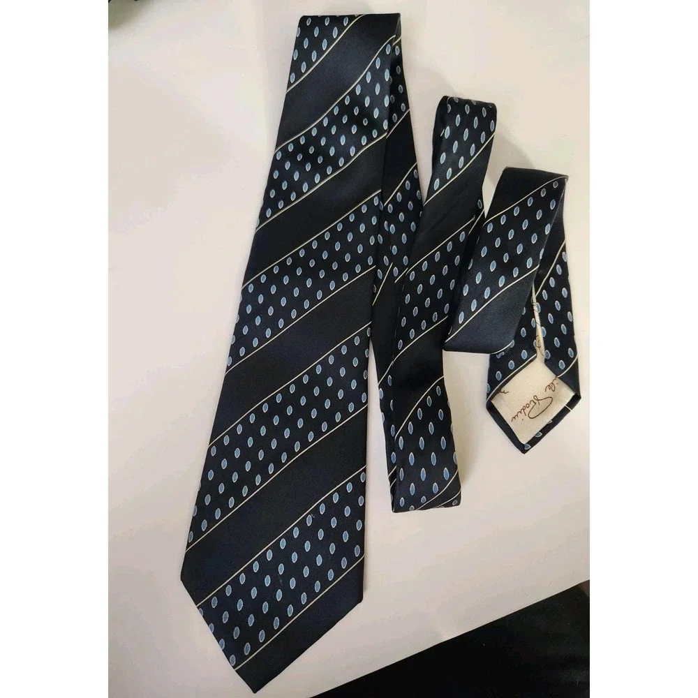 Rare Vintage Emile Rodin 100% Silk Made In Paris Dark & Light Blue Ovals Striped